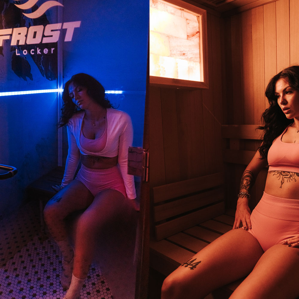 Split image: On the left, a woman in a pink sports outfit sits in a blue-lit cold room labeled “Frost Locker” at SEATTLE CRYO-CONTRAST THERAPY. On the right, she poses similarly in a warmly lit wooden sauna.